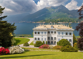 BELAGGIO, ITALY - MAY 10, 2015: The Villa Melzi on the waterfront of Como lake and the gardens.
