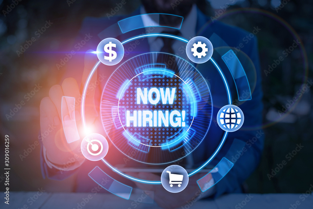 Aufkleber conceptual hand writing showing now hiring. concept meaning finding evaluating working relationship 