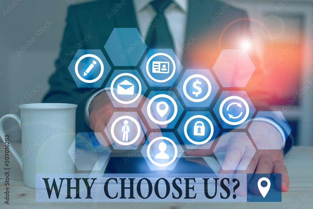 Poster word writing text why choose us question. business photo showcasing list of advantages and disadvant