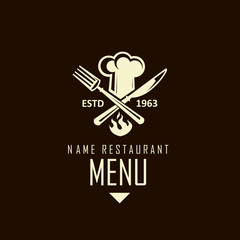 monochrome illustrations of crossed knife, fork and chef hat isolated on black background