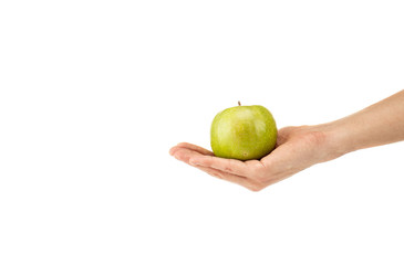cropped view of man holding green apple isolated on white