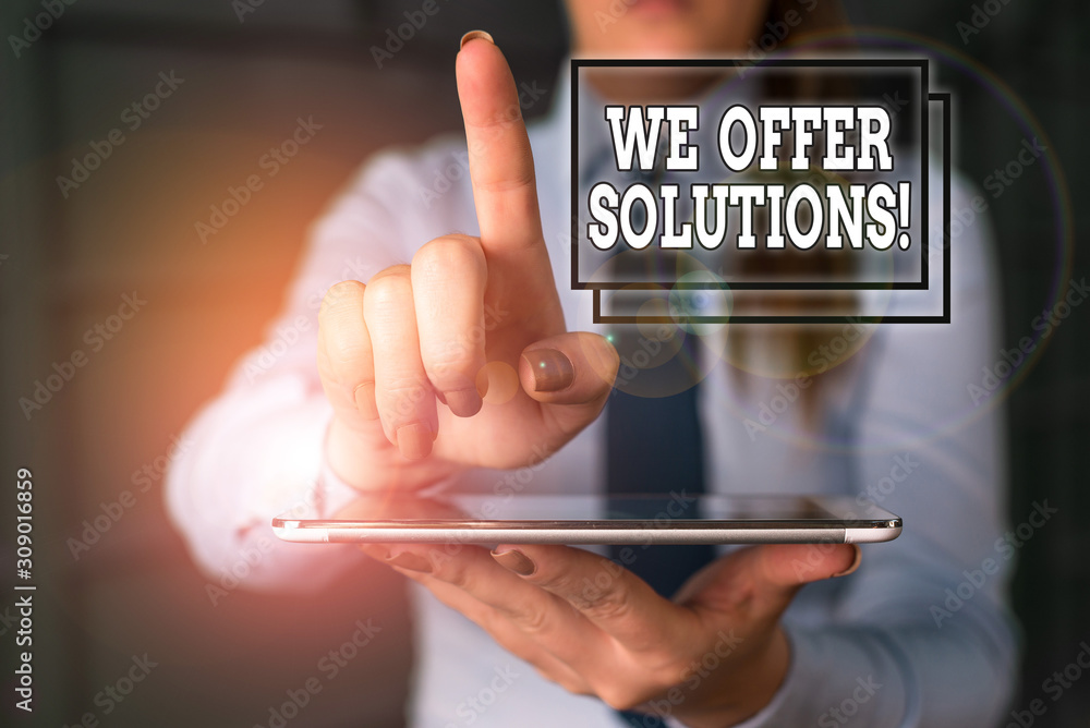 Poster word writing text we offer solutions. business photo showcasing way to solve problem or deal with di
