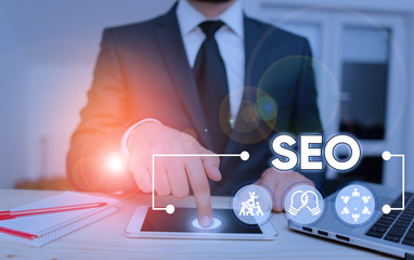 Word writing text Seo. Business photo showcasing incredibly effective way to market your near...