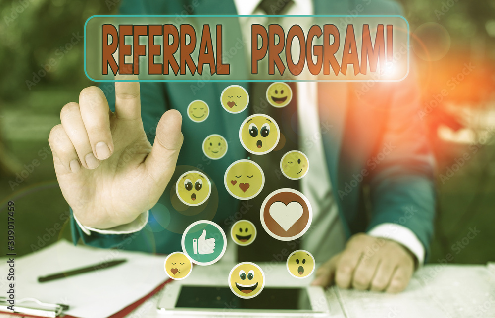 Poster writing note showing referral program. business concept for internal recruitment method employed by 