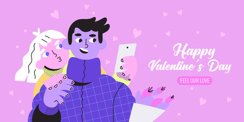 Vector illustration of a couple in love doing selfie on a date. Happy Valentine's Day banner, flyer, poster landing page, invitation or greeting card. Girlfriend and boyfriend spending day together.