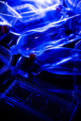 Plastic bottles in blue color. Environmental protection. Utilization of wastes.