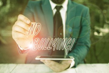 Word writing text No Bullying. Business photo showcasing stop aggressive behavior among children...