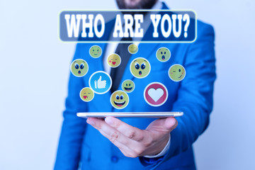 Text sign showing Who Are You Question. Business photo text asking about someone identity or...