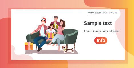 happy family with gift boxes sitting on sofa merry christmas new year holiday celebration concept full length horizontal copy space vector illustration