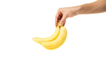 cropped view of man holding bananas isolated on white