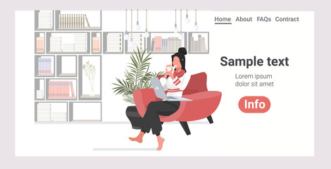 happy woman sitting at armchair girl drinking coffee using laptop relaxing concept full length copy space horizontal vector illustration