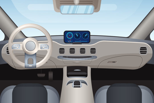 Luxurious beige car interior vector illustration. Dashboard and windshield view from front seats. Control panel and steering wheel in modern automobile. Realistic inside look of high class vehicle