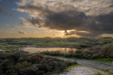 A small lake along a sandy path in the light of the sun from behind a dark cloud