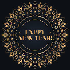 Happy new year greeting illustration. Gold floral ornament on black background.