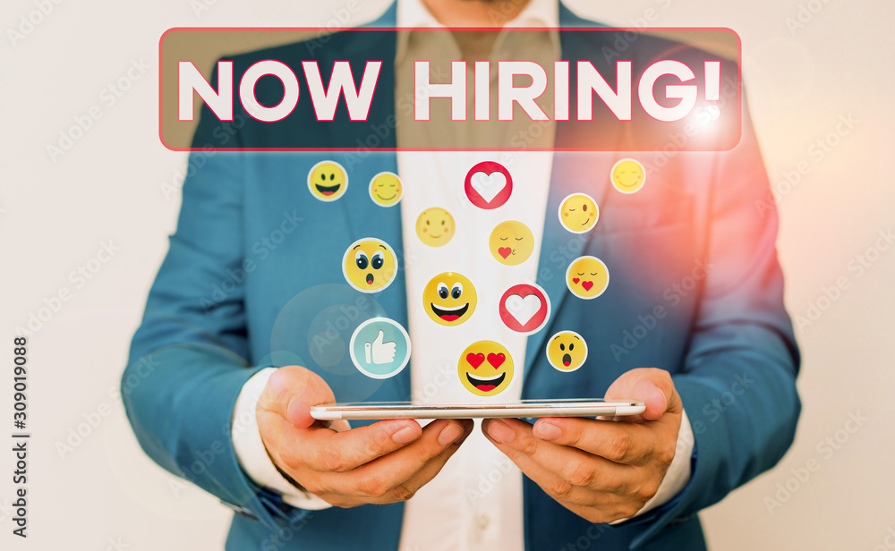 Aufkleber text sign showing now hiring. business photo showcasing finding evaluating working relationship with