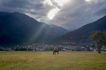 Fototapeta na wymiar the sun's rays through the clouds illuminate the meadows in the mountains