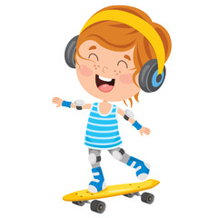 Happy Little Child Skateboarding Outside