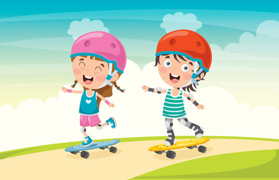 Happy Little Children Skateboarding Outside