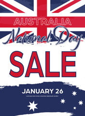 Australia National Day. Australian Flag with stripes and national colors. Sale. Happy Australia Day. January 26.