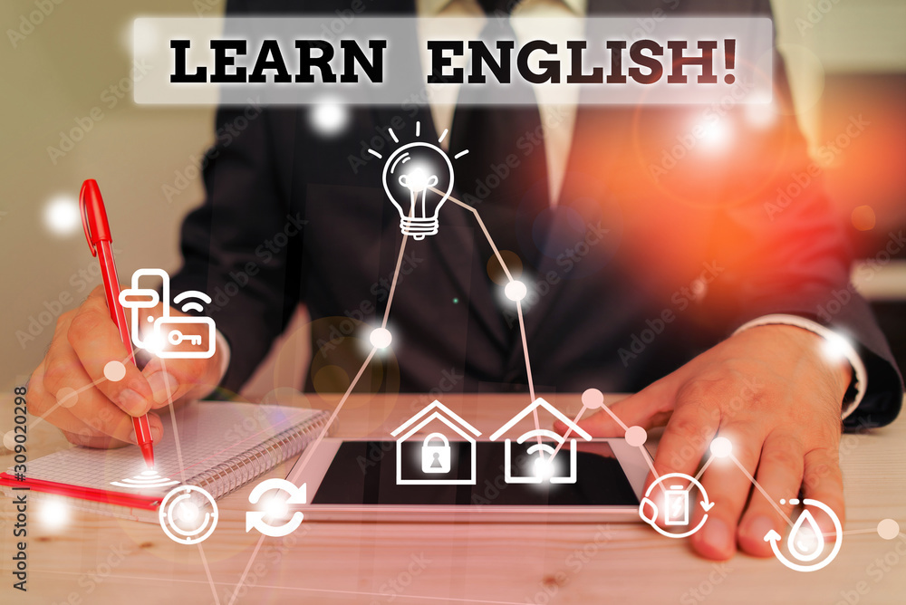 Poster writing note showing learn english. business concept for gain acquire knowledge in new language by s