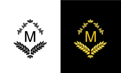 Design of magnificent ancient monogram. Decorative ornament on dark and light background with letter M. Gold and black pattern of brand, business sign, restaurant, boutique, hotel, emblem, jewelry.