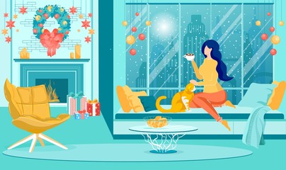 Obraz premium Woman Spending Cold Snowy Winter Evening at Home