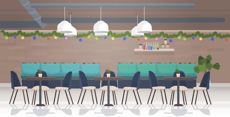 restaurant decorated for merry christmas and happy new year holidays celebration modern cafe interior horizontal vector illustration