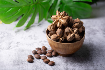 A pile of dried Sacha Inchi nuts. Natural background in lighting studio