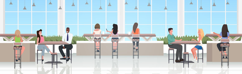 people sitting at cafe tables mix race visitors discussing during meeting modern restaurant interior horizontal full length vector illustration