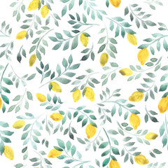 Seamless pattern watercolor drawing ornament yellow lemons with leaves. Stock illustration. Handmade watercolor pattern juicy lemons. Isolated over white background. Vintage