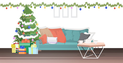modern living room with fir tree decorated for christmas holidays celebration concept horizontal home apartment interior vector illustration