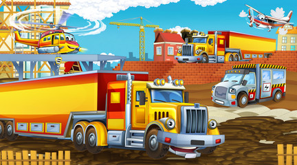 Plakat cartoon scene with industry cars on construction site and flying helicopter - illustration for children