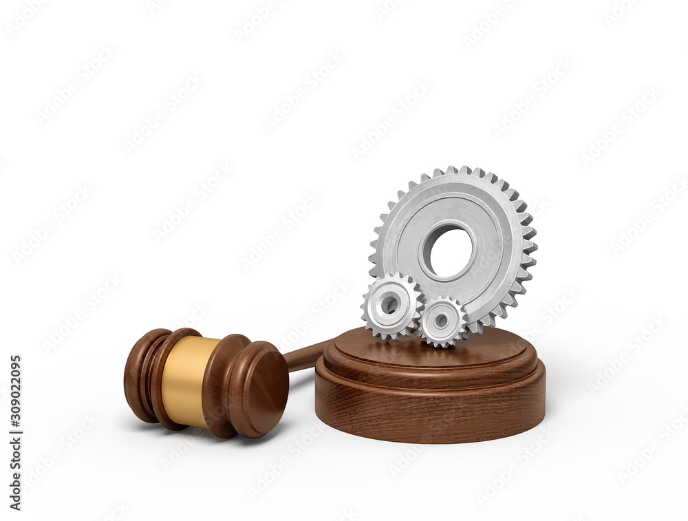 Poster 3d rendering of one big and two small light-grey gear wheels on sounding block with gavel lying besi
