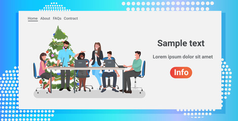 businesspeople having corporate party colleagues discussing and using laptops at workplace mix race business people having fun full length horizontal copy space vector illustration