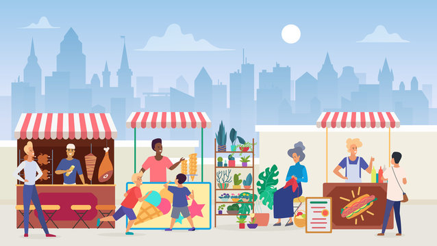 Street food market flat color vector illustration. Outdoor marketplace in megapolis. Vendors and customers. Sellers at shawarma and icecream takeaway stalls. Modern cityscape background