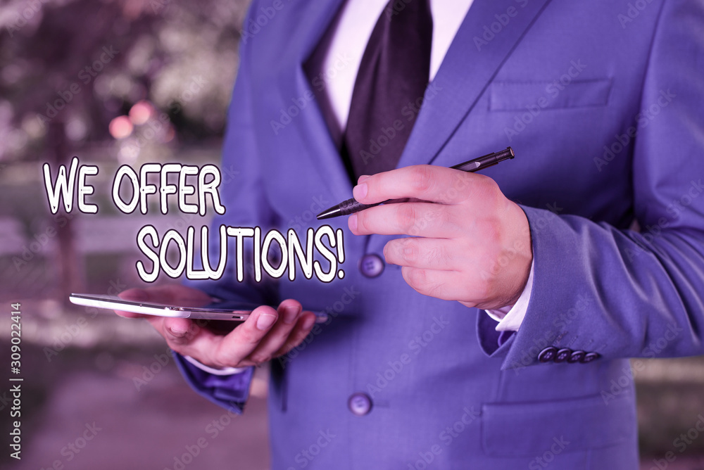 Aufkleber writing note showing we offer solutions. business concept for way to solve problem or deal with diff