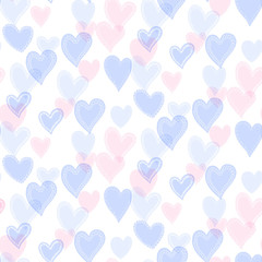 Romantic seamless pattern with cute images of hearts with hand drawn texture. The style of children's drawing.