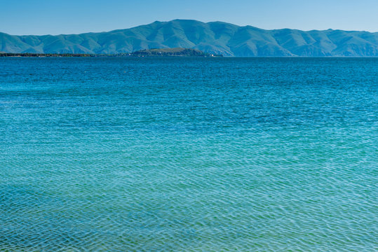 Lake Sevan with a beautiful view of the mountains, a famous natural landmark of Armenia