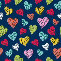 Romantic seamless pattern with cute images of hearts with hand drawn texture. The style of children's drawing.