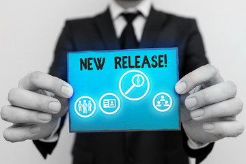 Conceptual hand writing showing New Release. Concept meaning announcing something newsworthy recent product