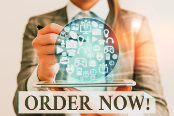 Word writing text Order Now. Business photo showcasing confirmed request by one party to another to...