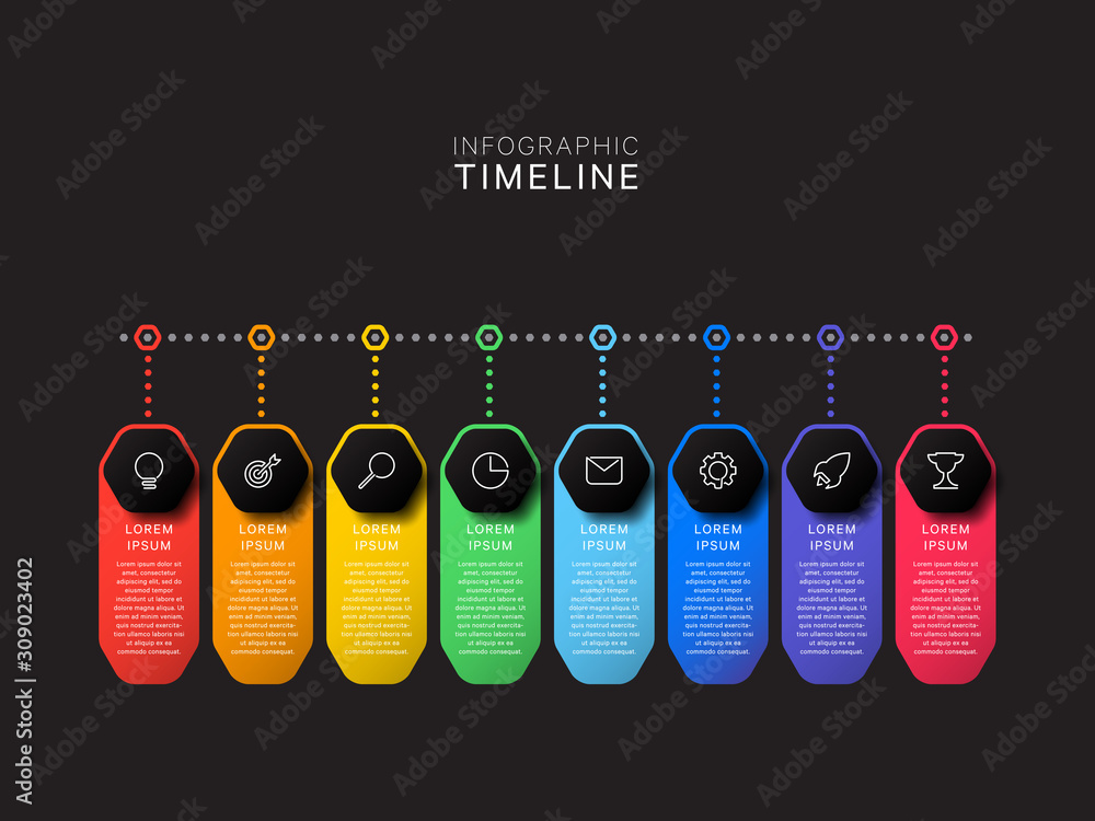 Aufkleber horizontal timeline infographic with hexagonal elements on black background. modern business process