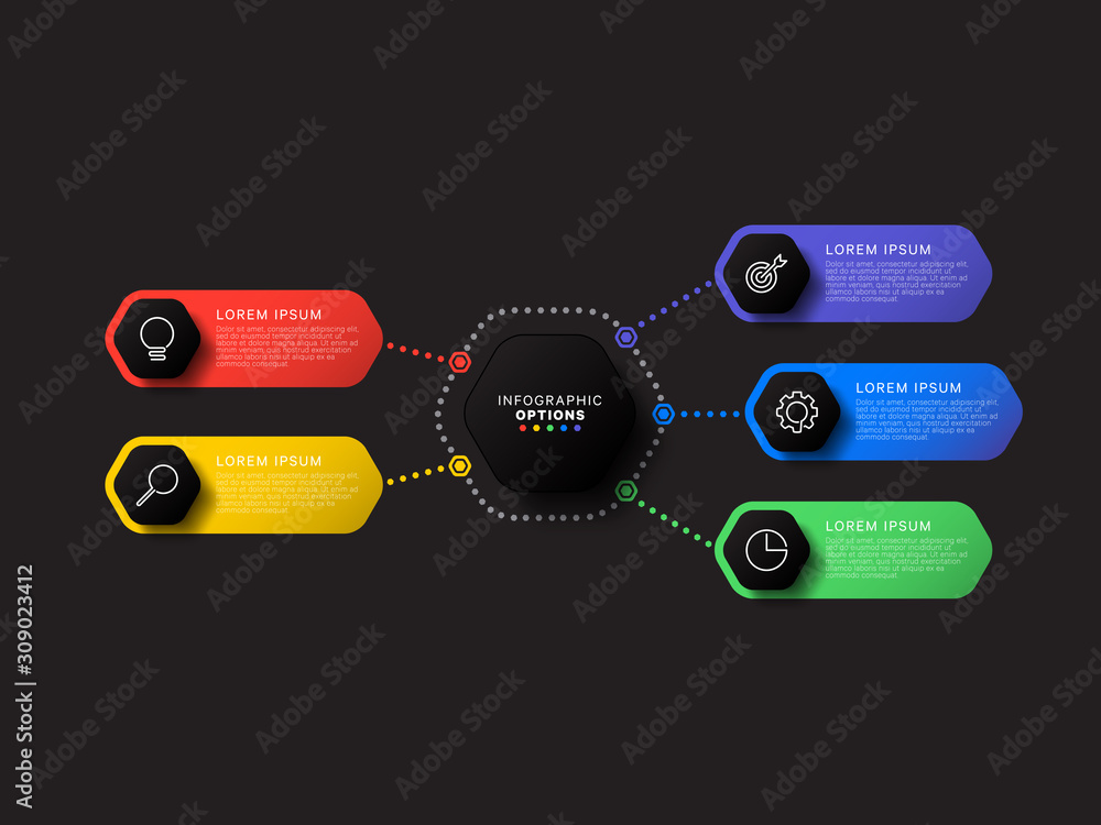 Aufkleber infographic template with five hexagonal elements on black background. modern business process visua