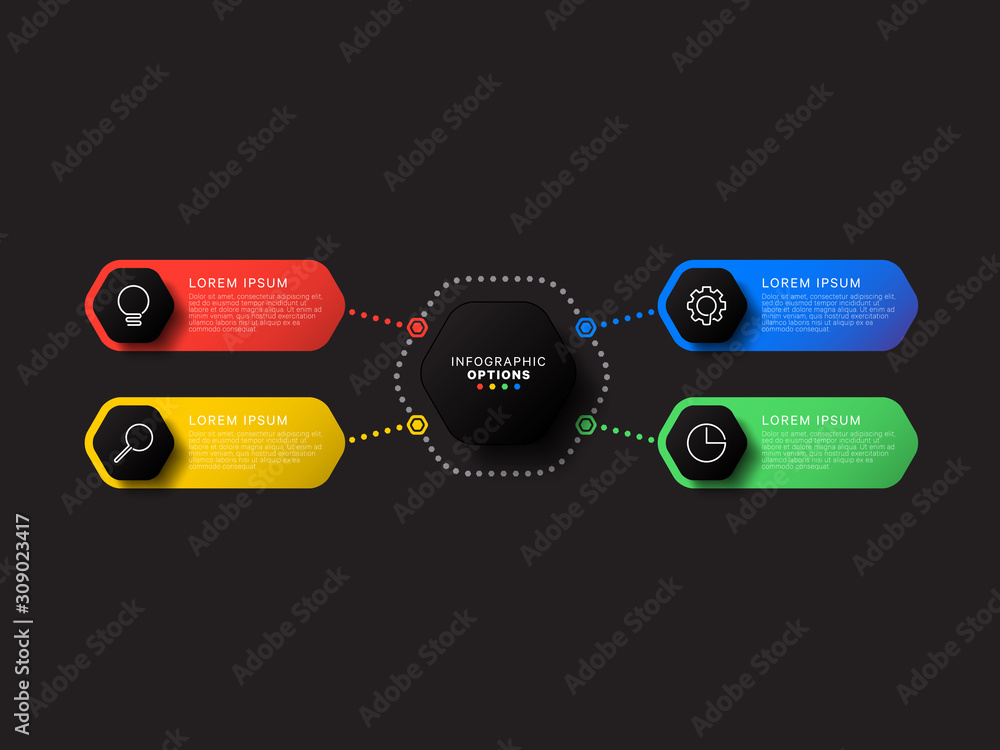 Aufkleber infographic template with four hexagonal elements on black background. modern business process visua
