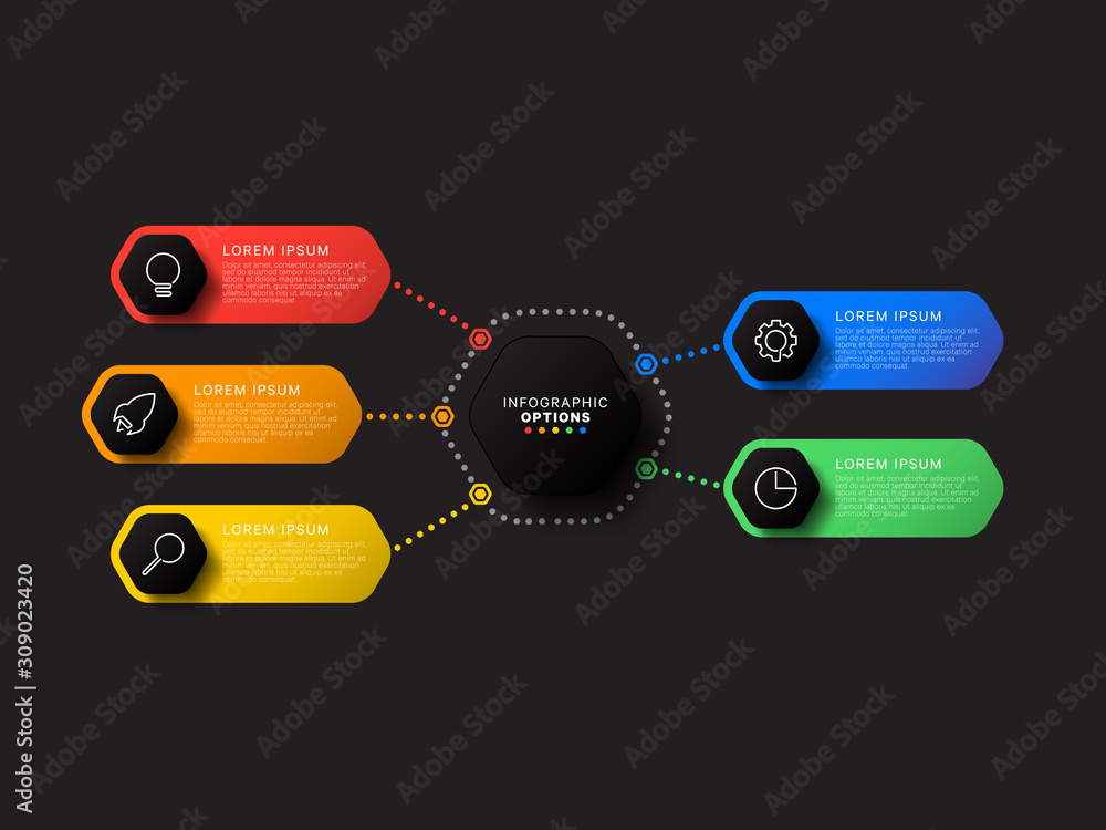 Aufkleber infographic template with five hexagonal elements on black background. modern business process visua