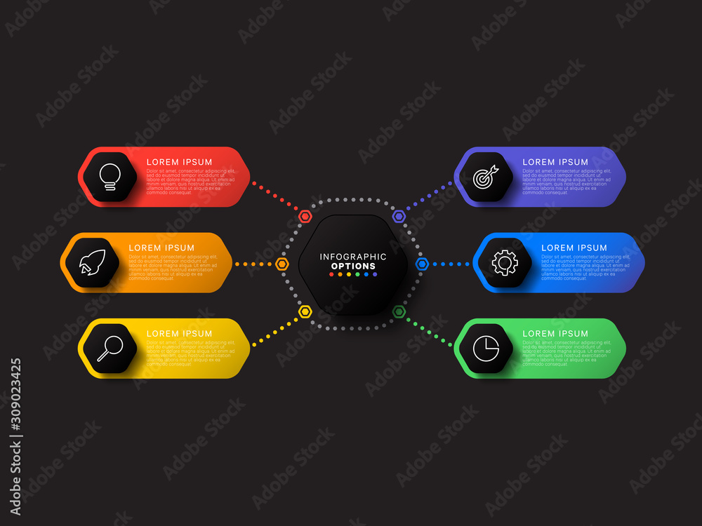 Aufkleber infographic template with six hexagonal elements on black background. modern business process visual