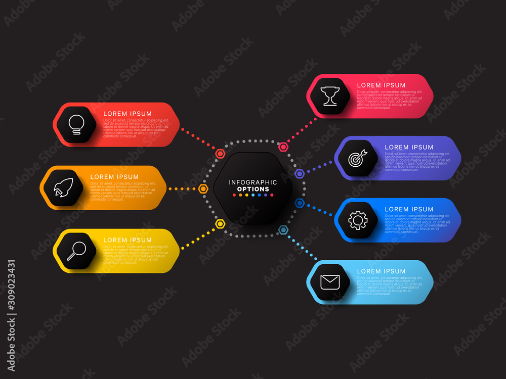Aufkleber infographic template with seven hexagonal elements on black background. modern business process visu