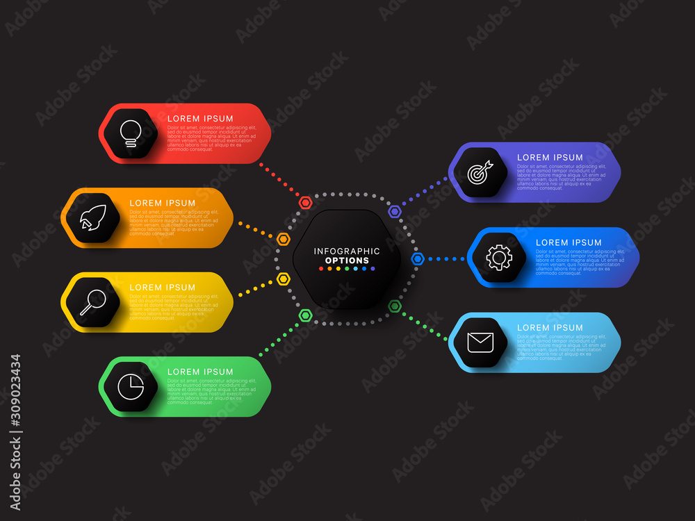 Aufkleber infographic template with seven hexagonal elements on black background. modern business process visu