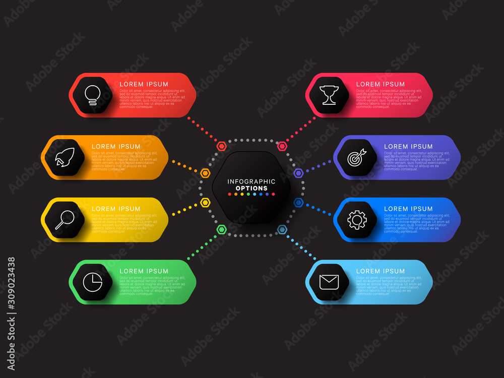 Aufkleber infographic template with eight hexagonal elements on black background. modern business process visu