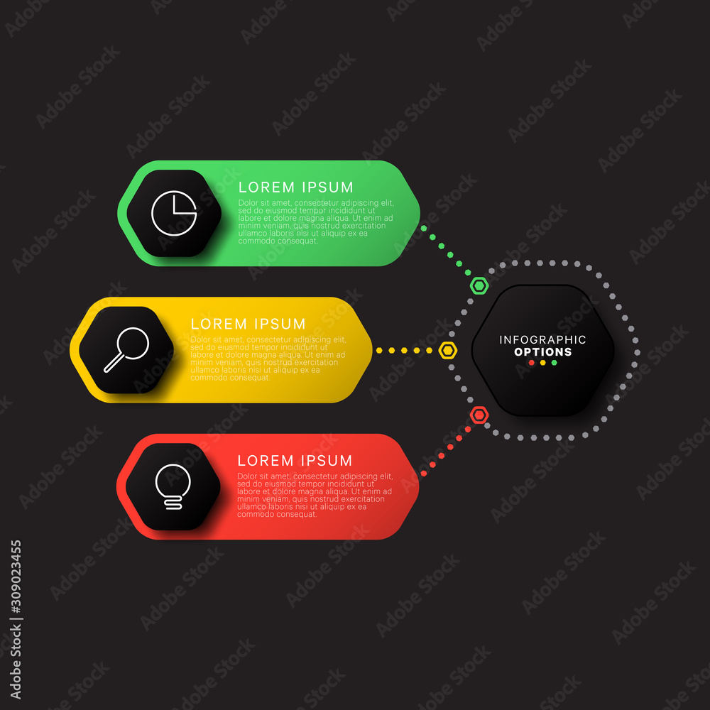 Aufkleber infographic template with eight hexagonal elements on black background. modern business process visu